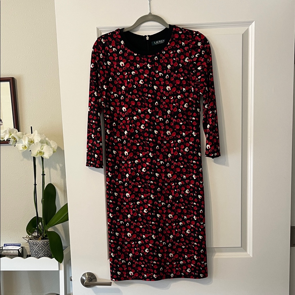 Lauren Ralph Lauren Black Floral Sheath Dress With Red And Pink Accents